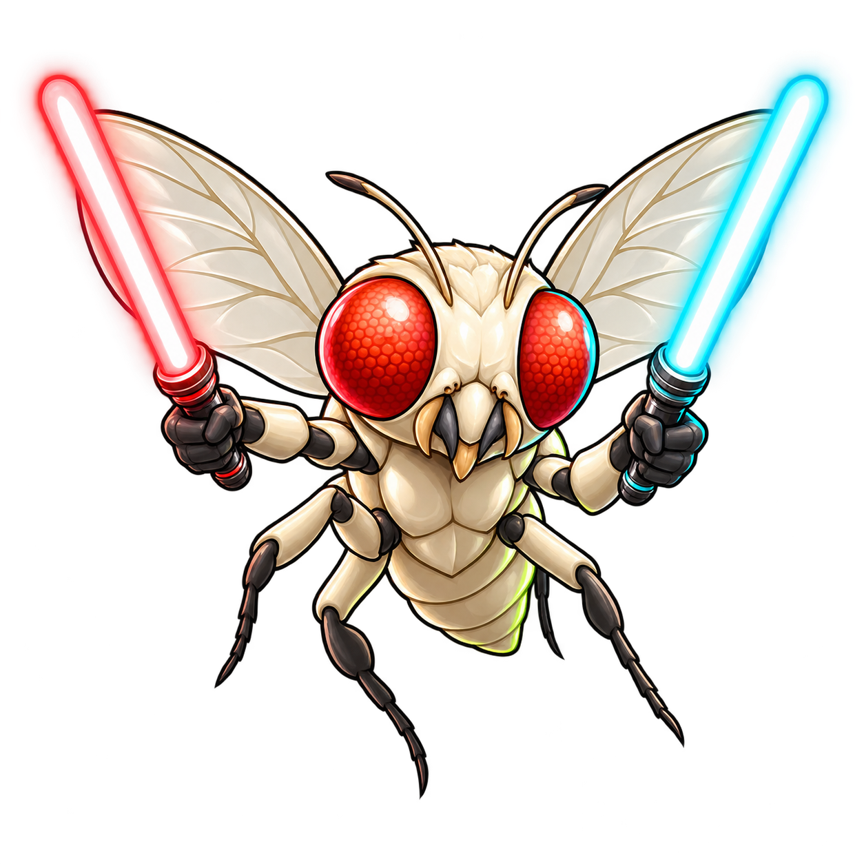 Immortal Fly mascot with red eyes, ivory wings, and neon sabers